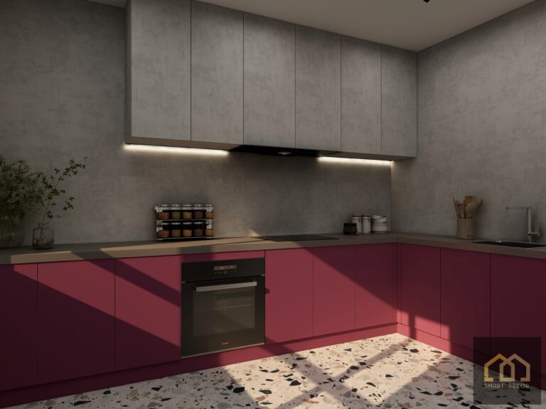burgundy and light grey kitchen